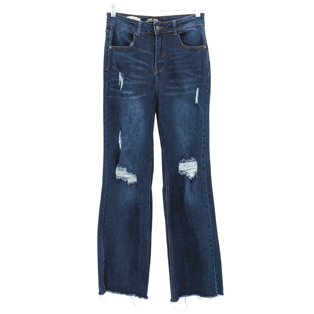 Sweet Look High Rise Straight Jeans Dark Wash Distressed Raw Hem 5